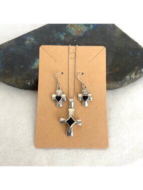 Sterling Silver 925 Onyx Inlay Cross Pendant Necklace & Dangle Earring Set 18"